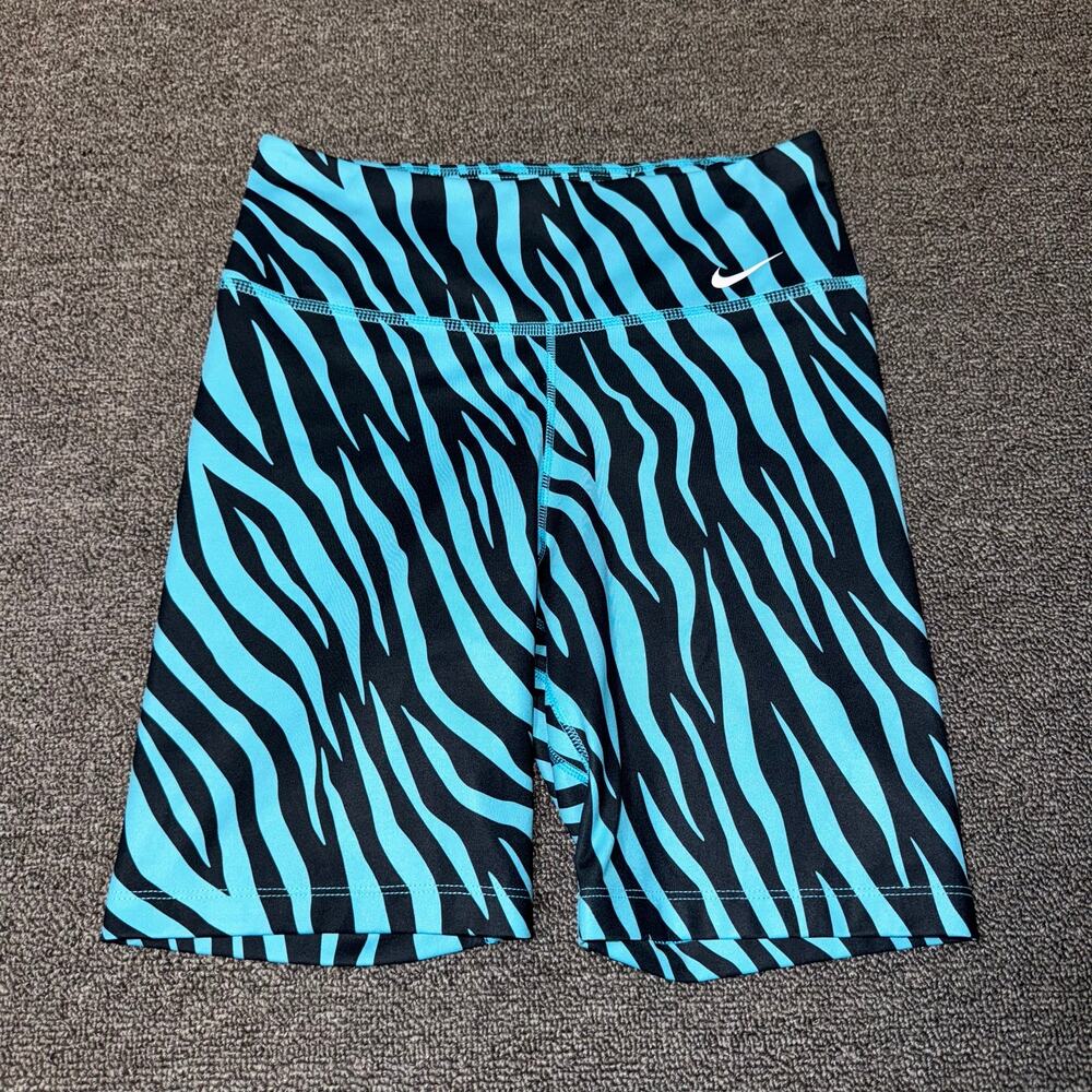NIKE One 7" Biker Shorts Mid Rise Women's Size Small Blue Black Zebra Stiped